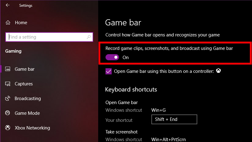 Windows 10 Game Bar Settings