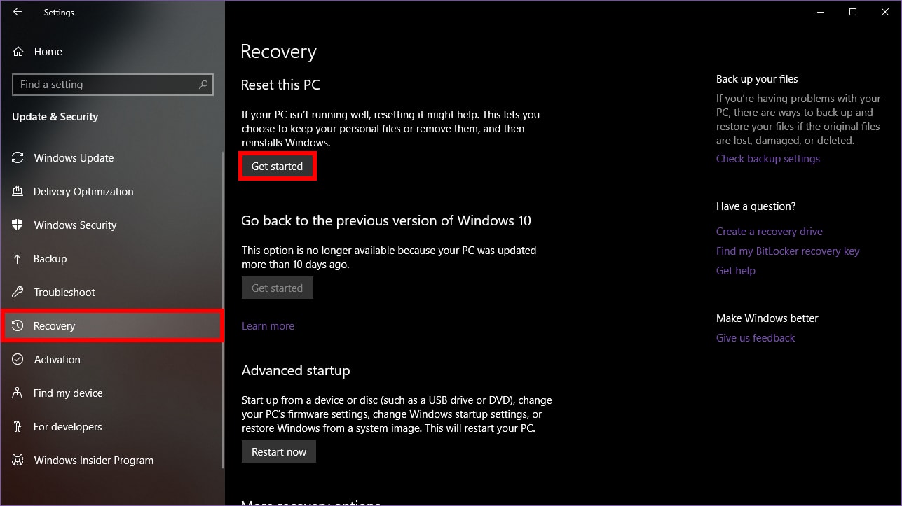 Windows 10 Recovery Get Started