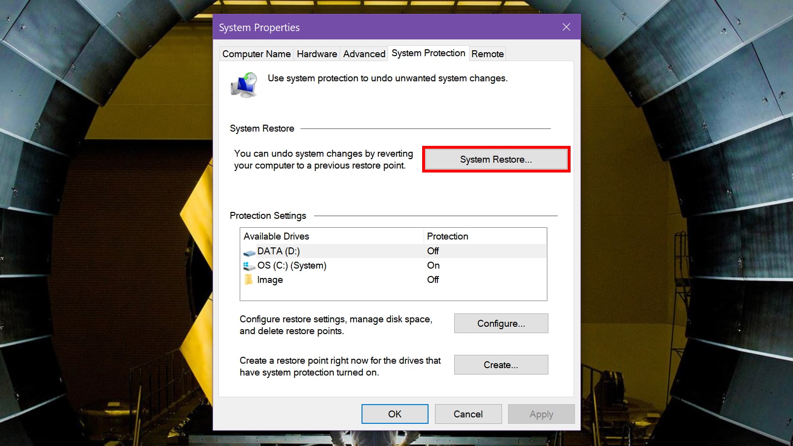Windows 10 Select System Restore
