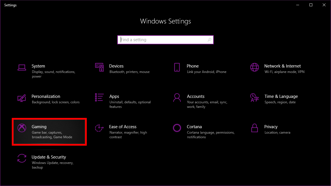 Windows 10 Settings Gaming