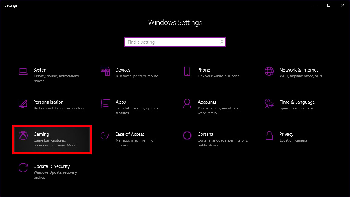 Windows 10 Settings Gaming