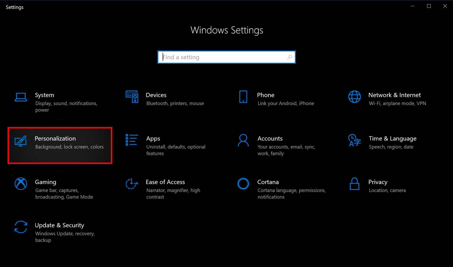 Windows 10 Settings Personalization