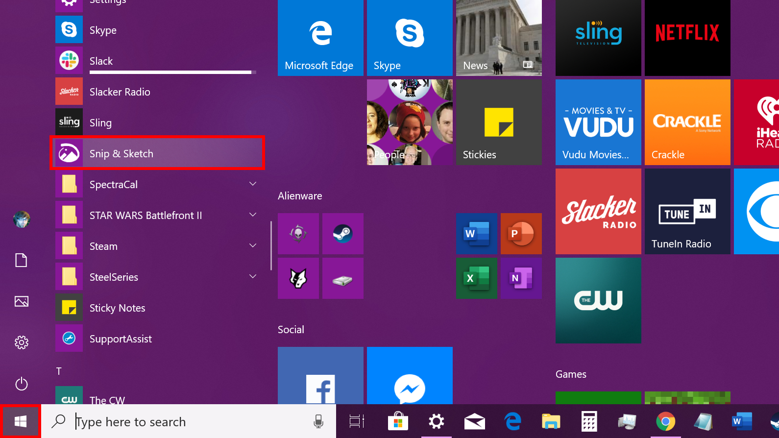 Windows 10 Start Snip Sketch