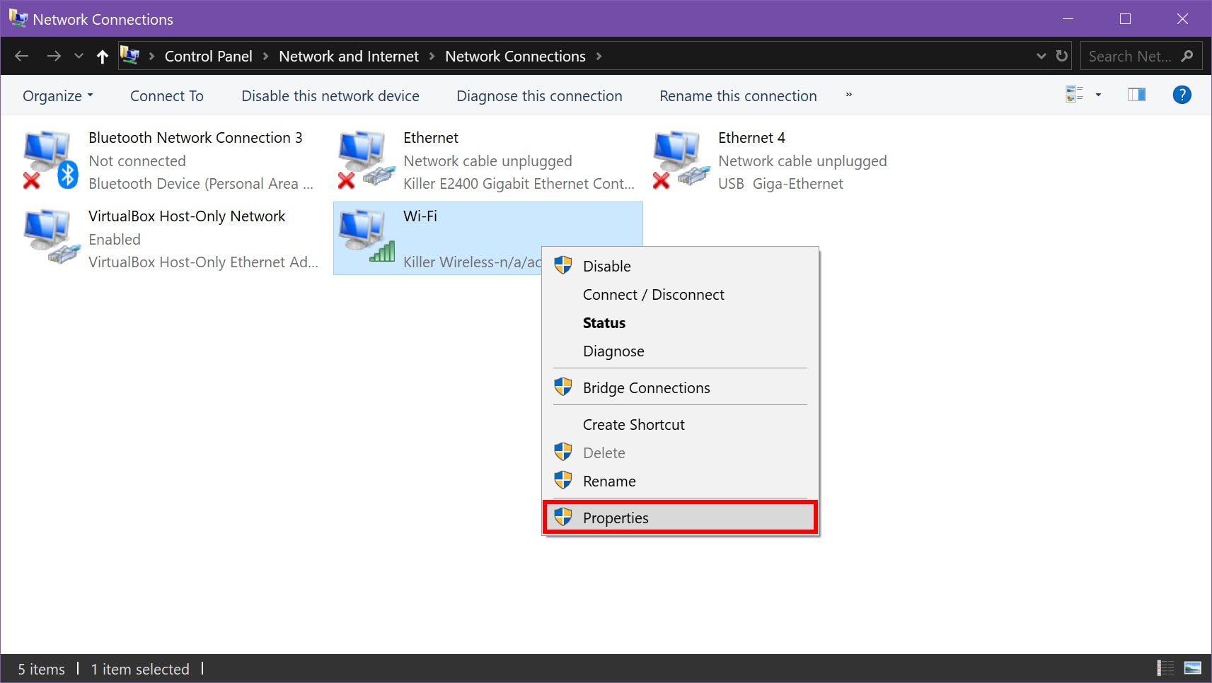 Windows 10 Wi-Fi Properties