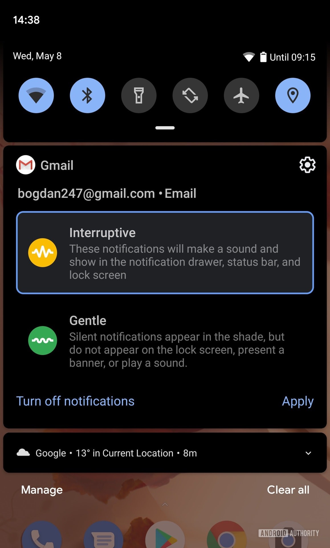 Android Q beta 3 interruptive and gentle notifications.