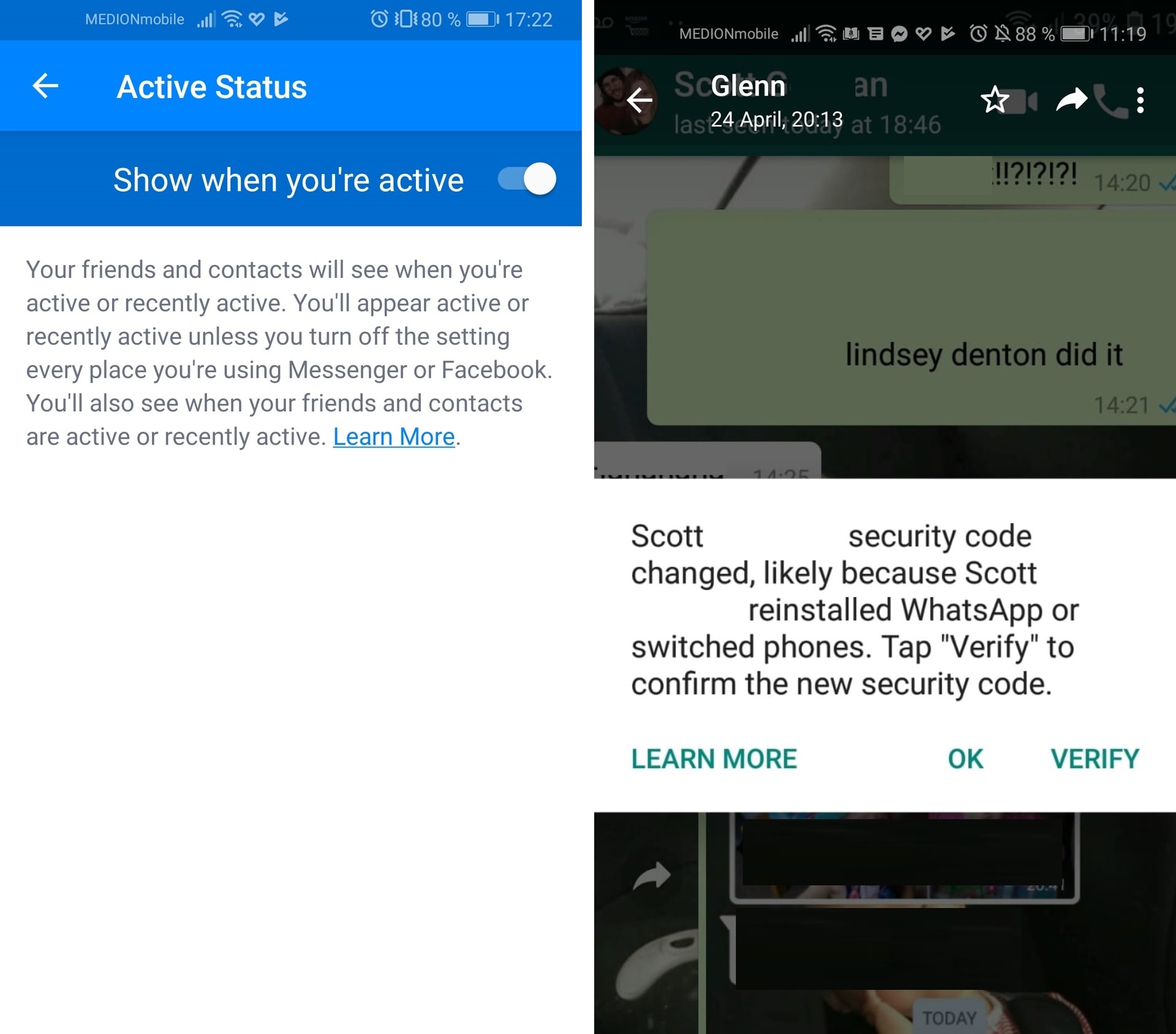 A pair of screenshots showing Active Status on Facebook Messenger and a WhatsApp Notice.. 