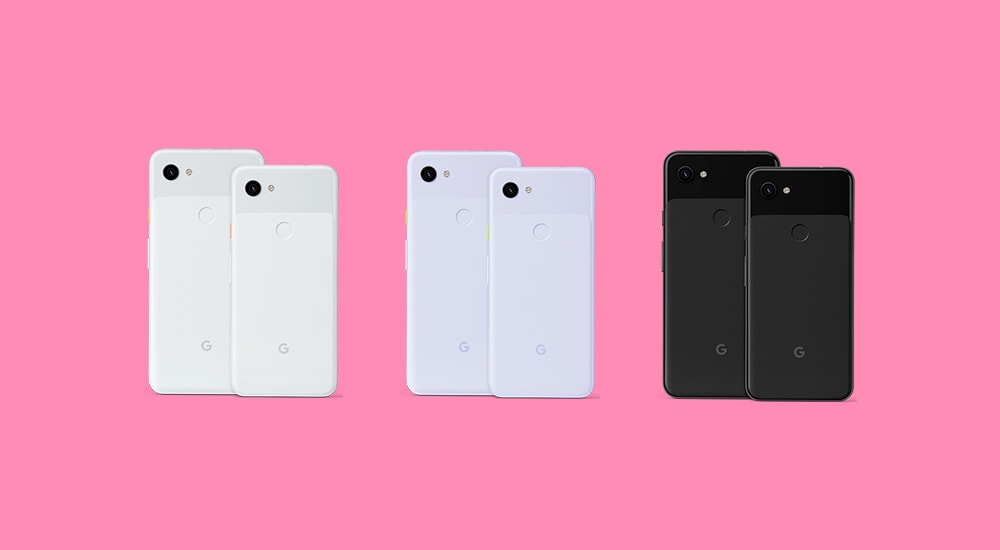 Google Pixel 3a and 3a XL renders showing six devices from behind. 