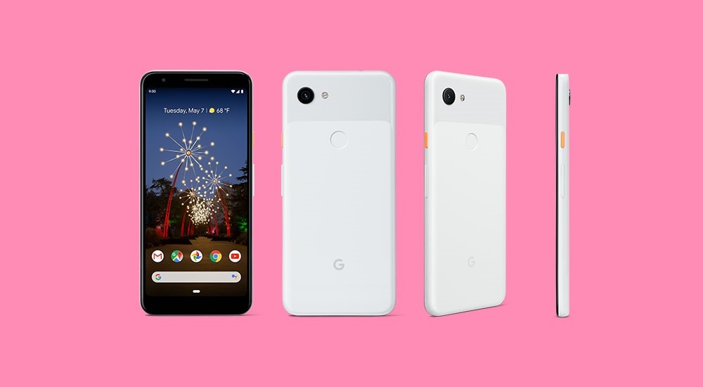 Google Pixel 3a renders in white from four angles. 