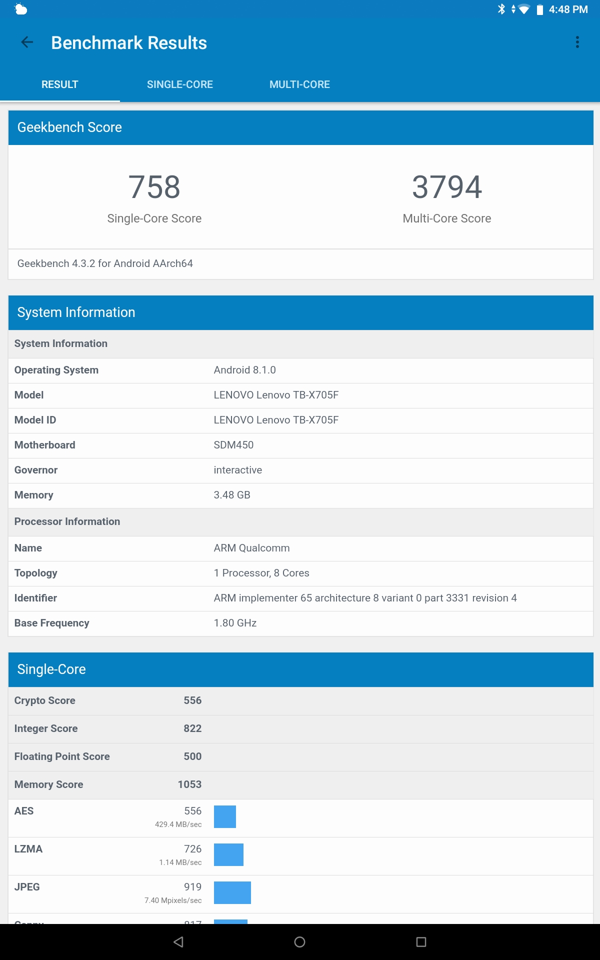 Lenovo Smart Tab P10 Geekbench Benchmark Results