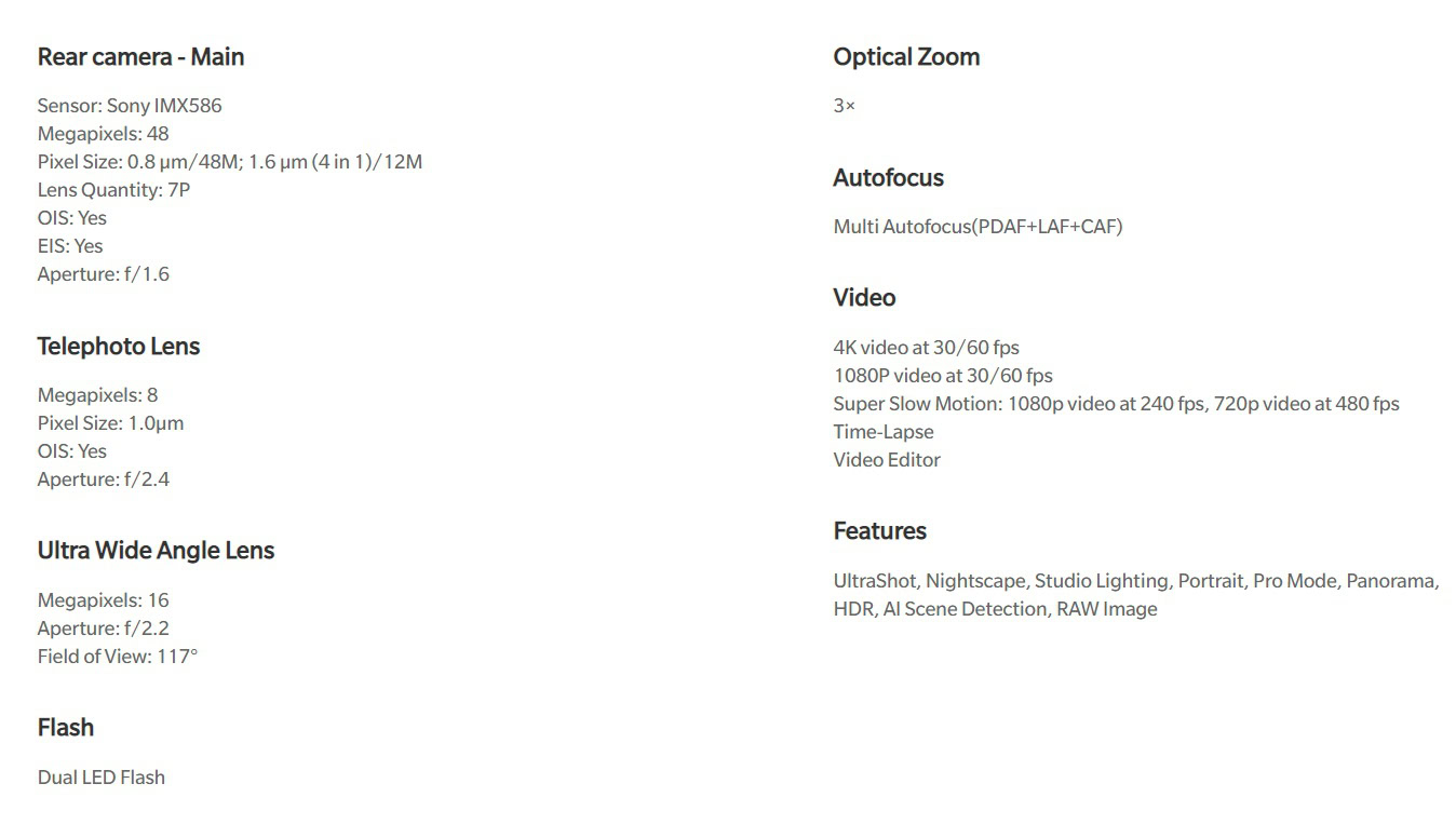 oneplus 7 pro camera spec sheet