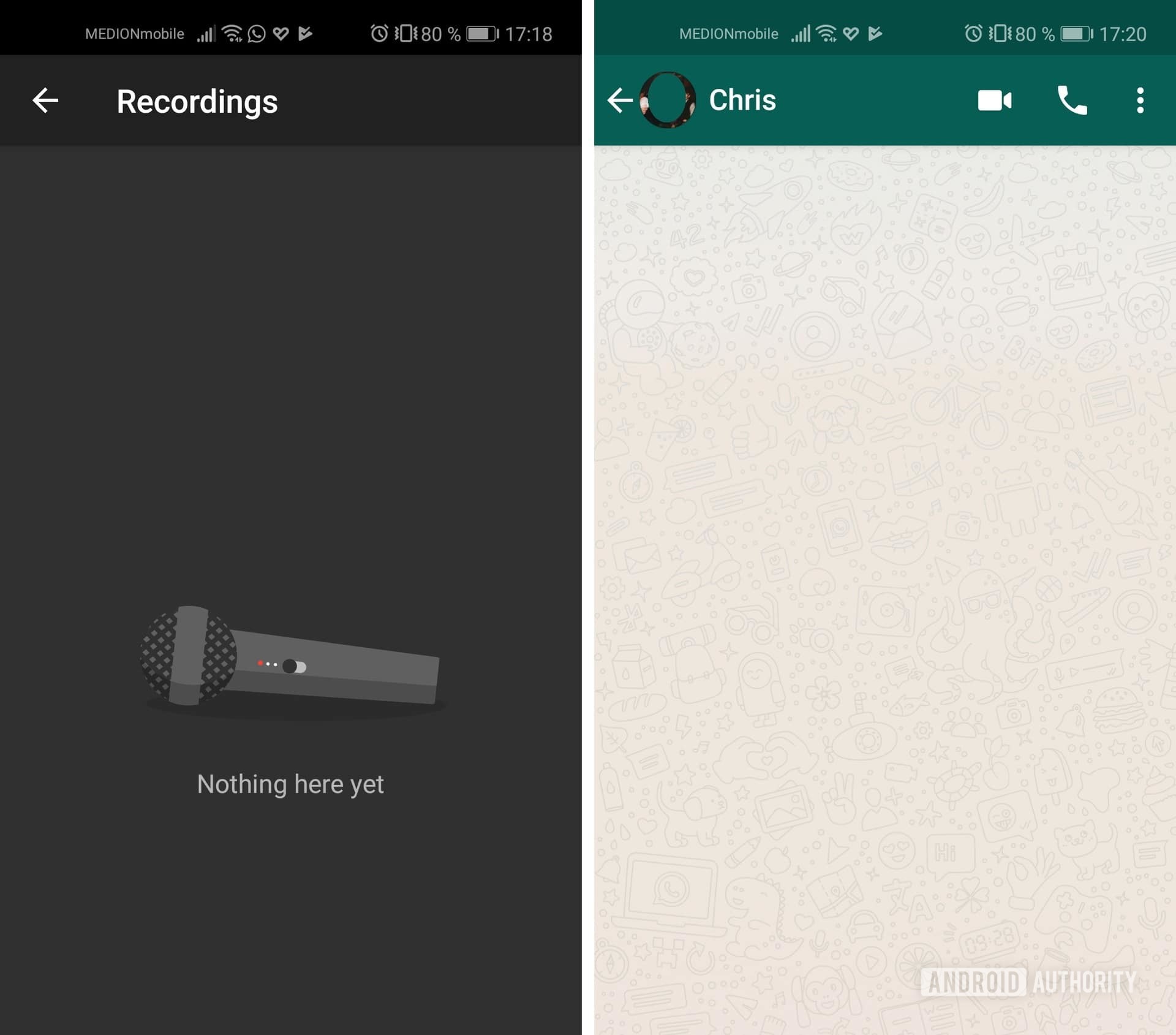 A pair of screenshots showing Voice Recorder and WhatsApp. 