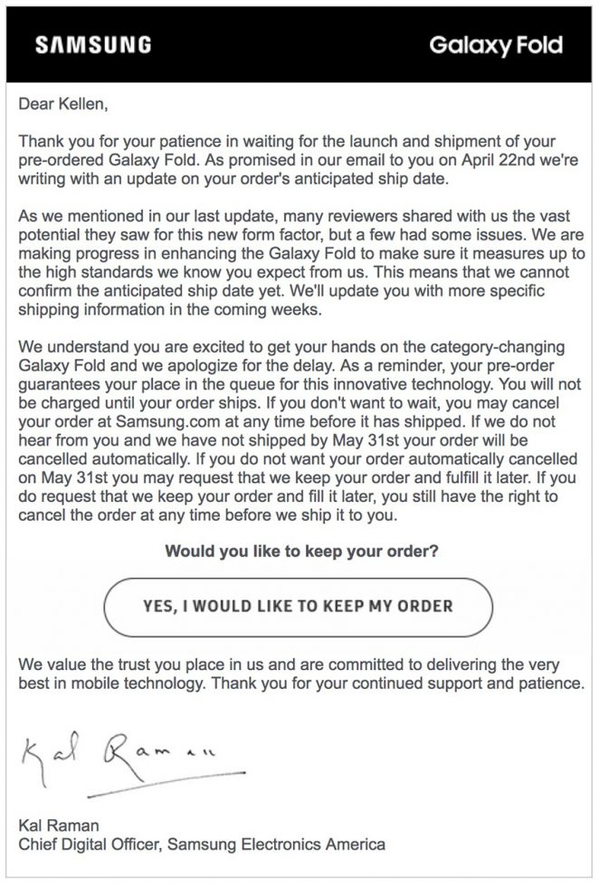 Samsung Galaxy Fold email obtained by Droid Life.