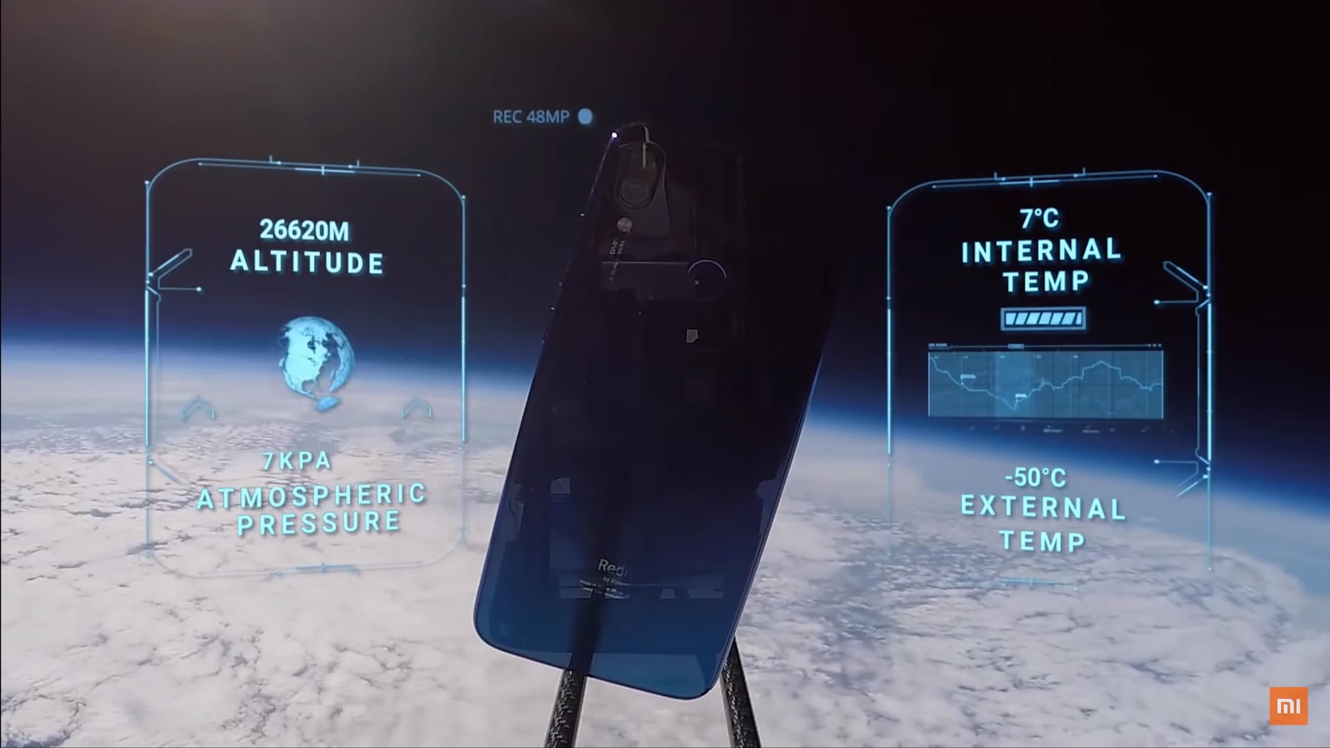 Screenshot of a Xiaomi Redmi Note 7 video showing the device in outer space.