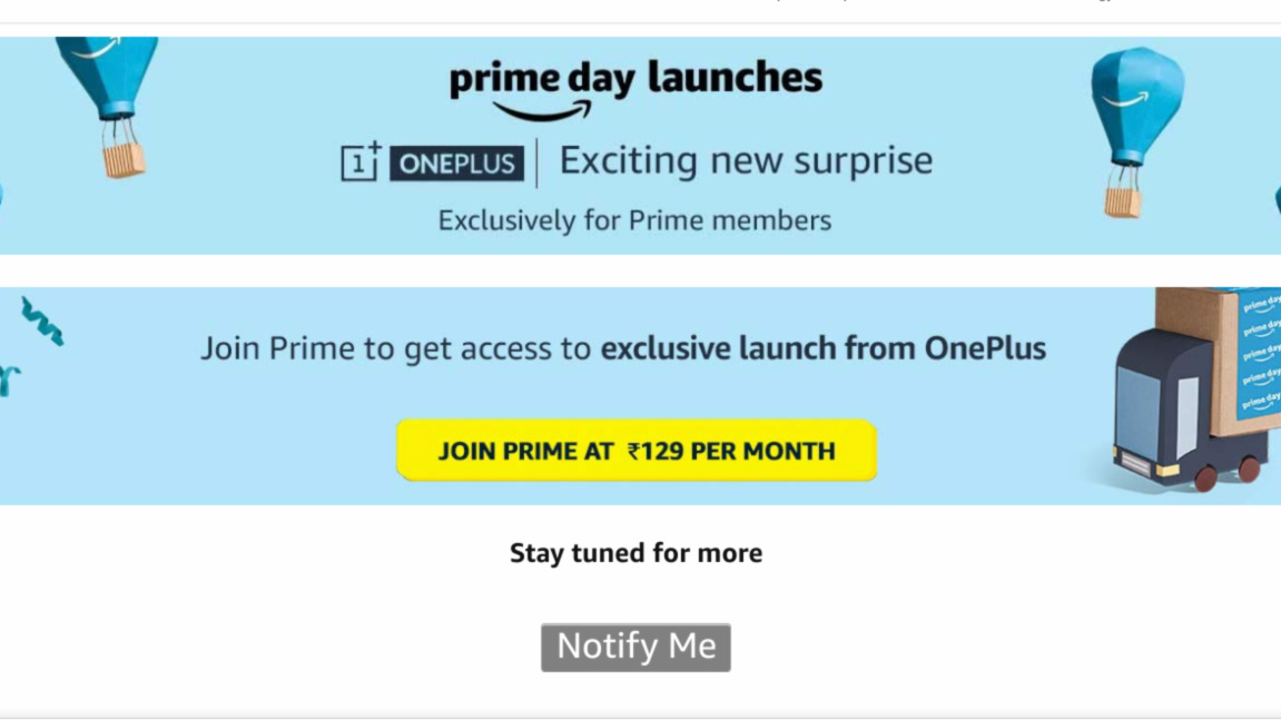 Screenshot of OnePlus' Amazon India landing page for Prime Day 2019.