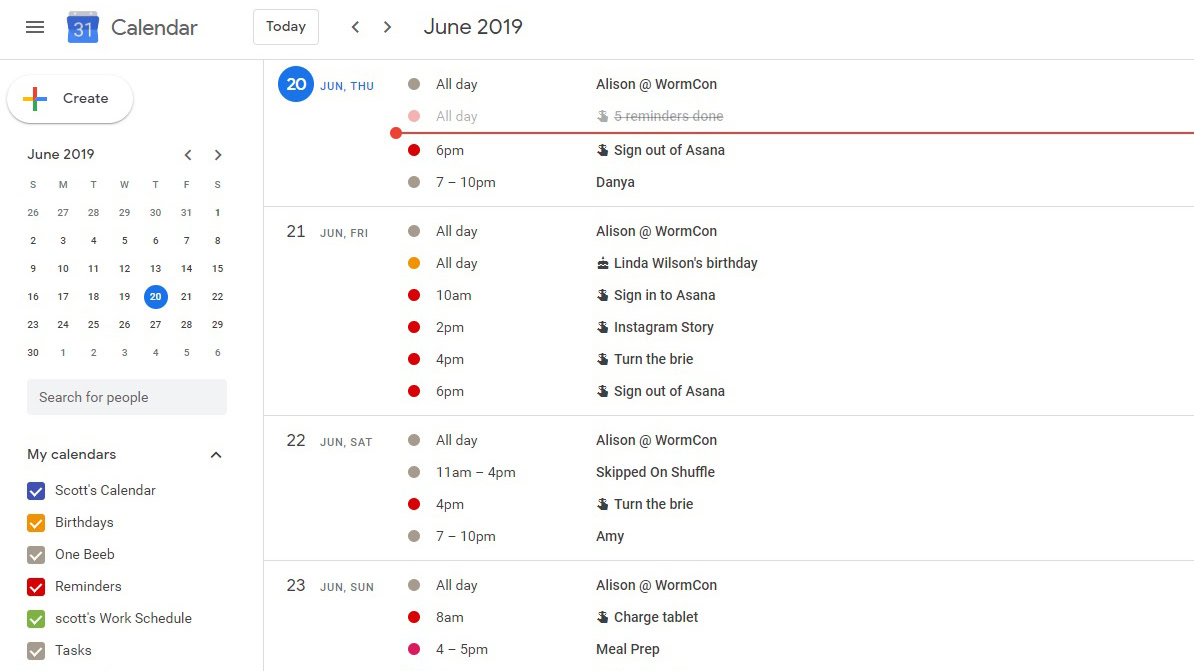 A screenshot of the desktop view of Google Calendar in Schedule mode.