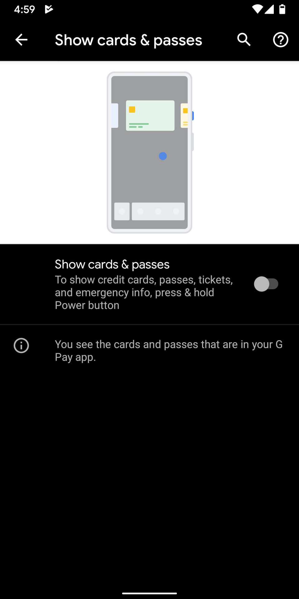 A screenshot of a settings page that will likely appear in Android Q related to Google Pay and the power button.