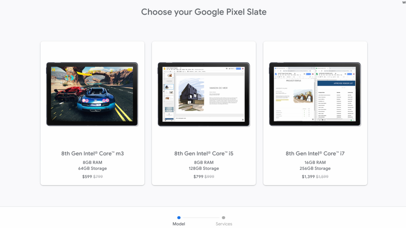 The Google Pixel Slate variants on the Google Store.
