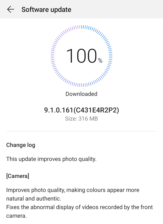 Screenshot of HUAWEI P30 Pro camera update changelog