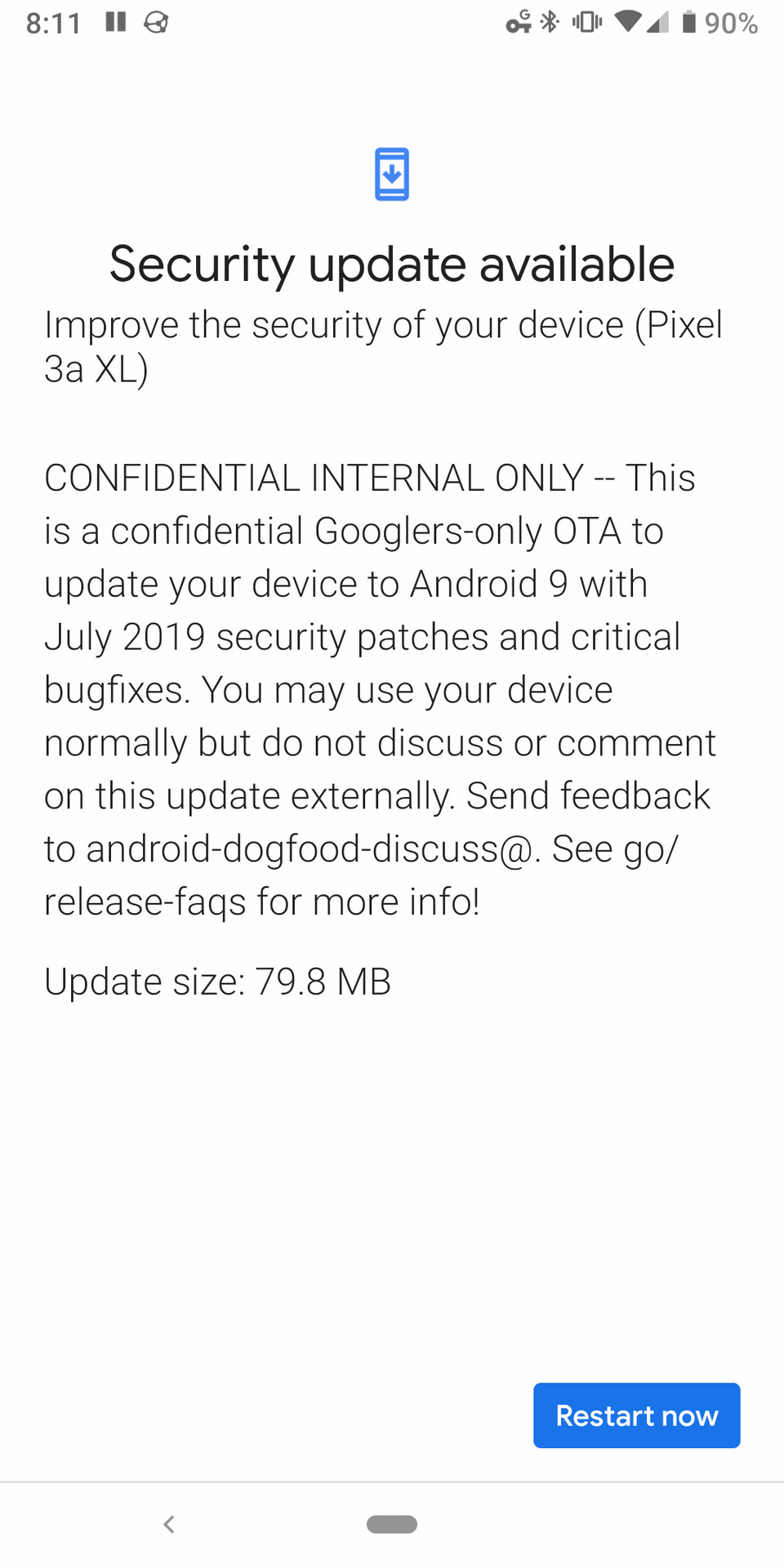 Screenshot of an internal build of the Pixel's July 2019 security patch