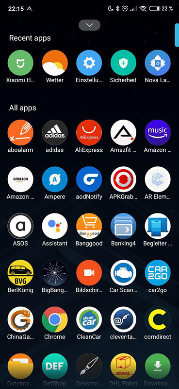 A screenshot of alpha testing of an app drawer and app shortcuts in MIUI.