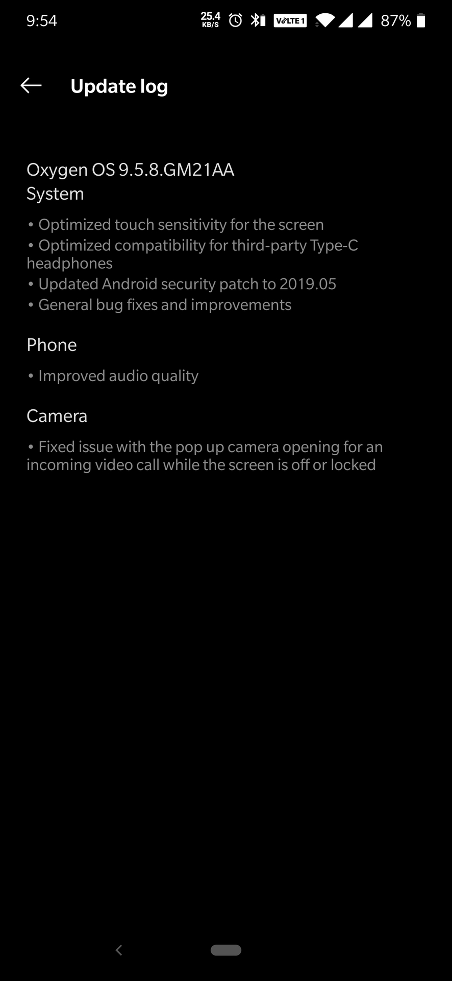 Screenshot of the OnePlus 7 Pro's OxygenOS 9.5.8 update