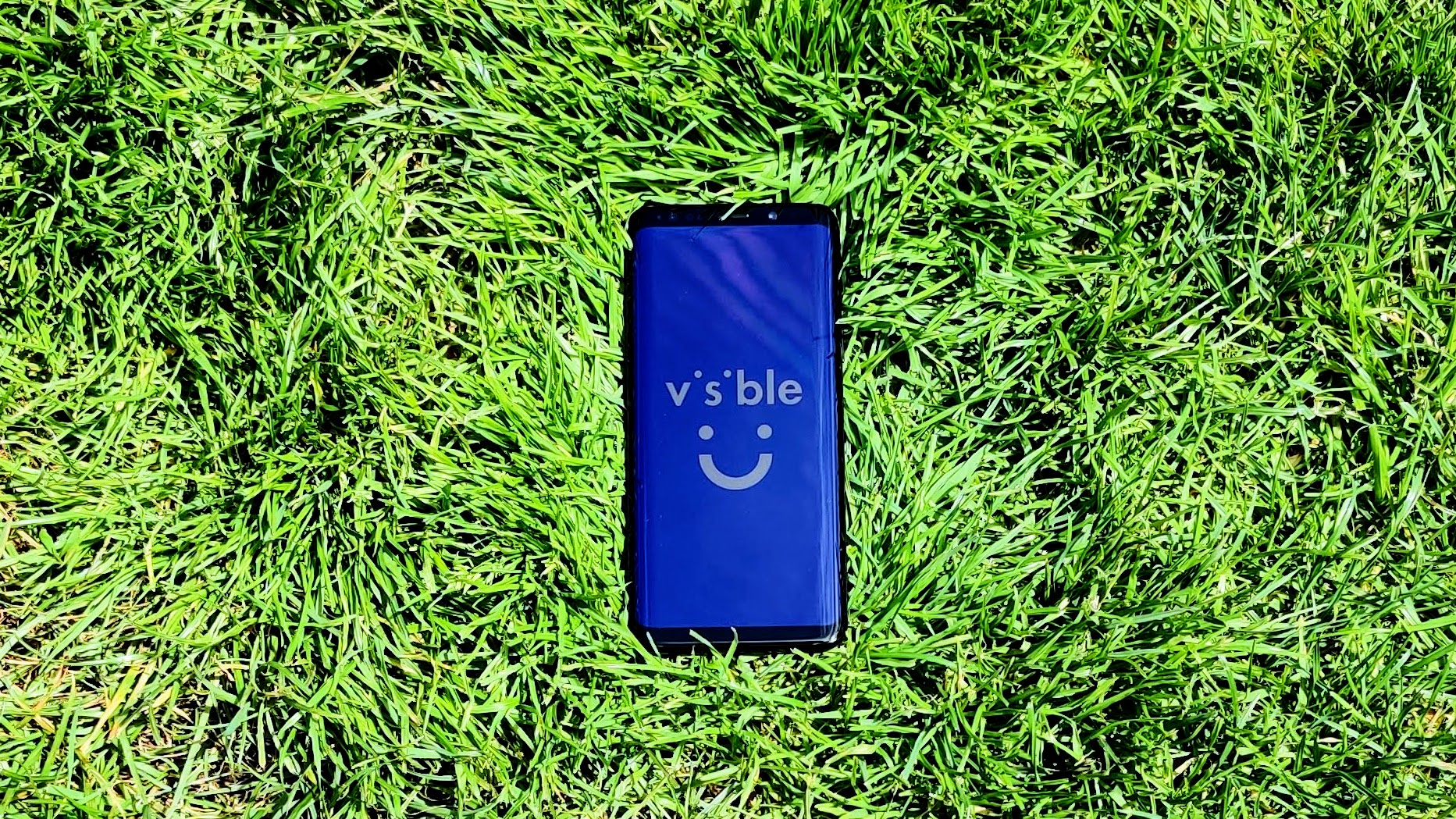 Samsung Galaxy S9 di rumput dengan logo Terlihat di layar.