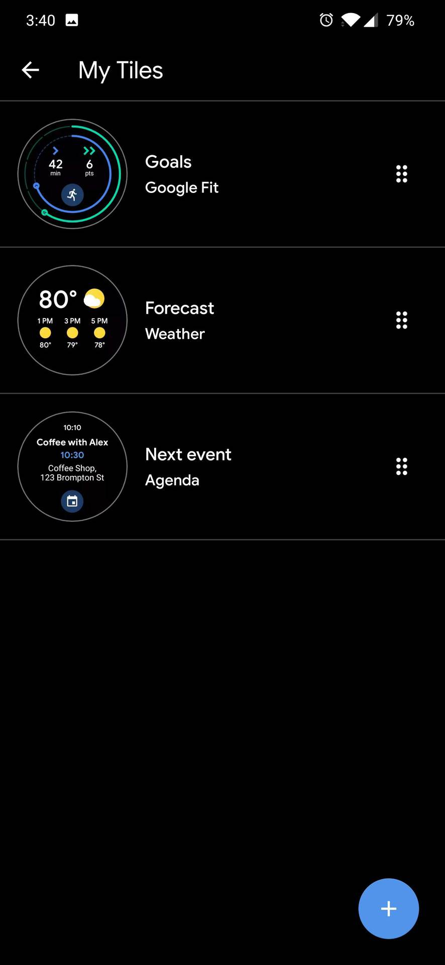 A screenshot of the Tiles manager function within the Wear OS smartphone app.