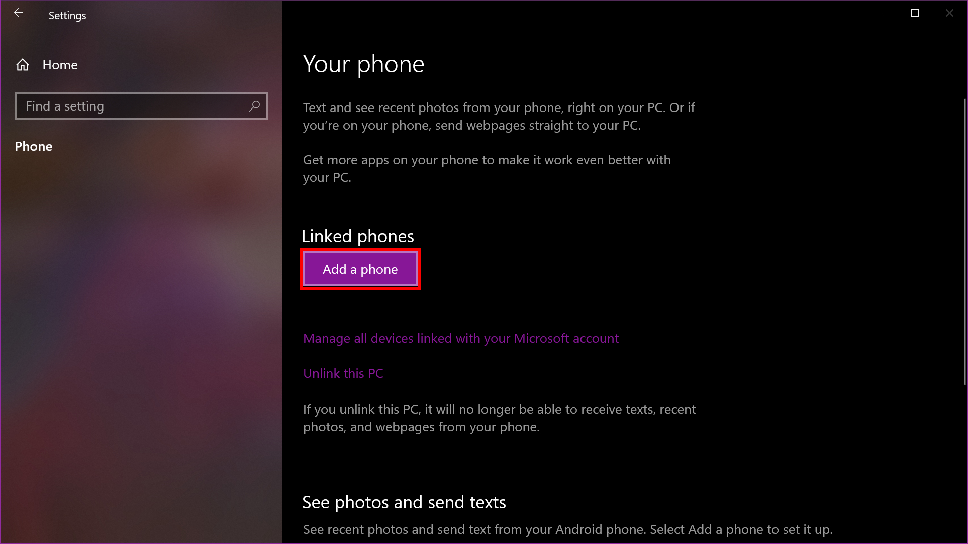 Windows 10 Add a Phone for sms messaging