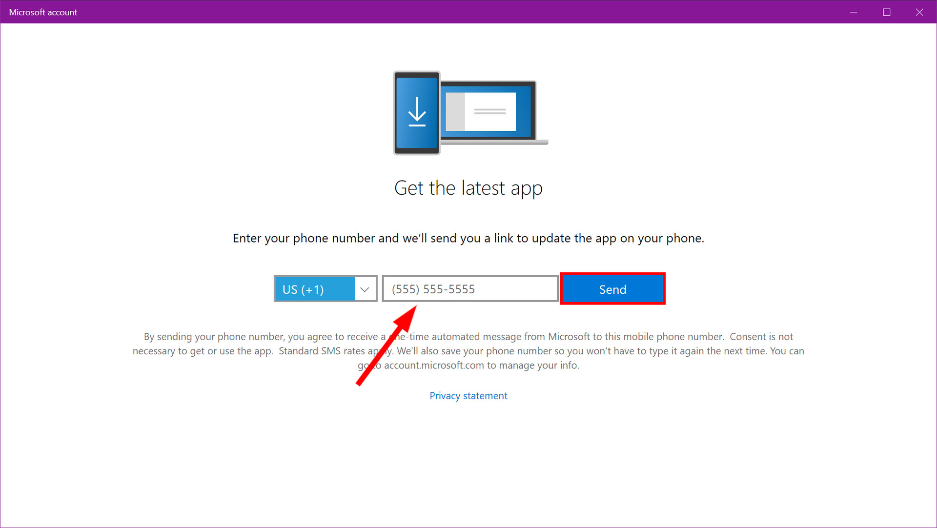 Windows 10 Enter Phone Number for sms app