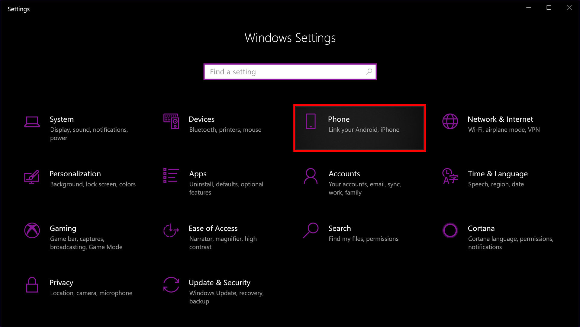 Windows 10 Phone Settings