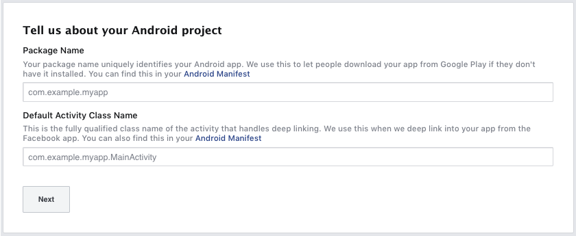 Enter your project's package name and default Activity class name