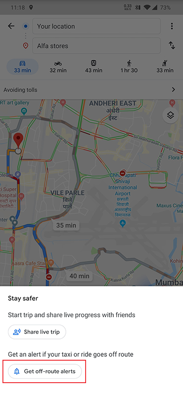 A screenshot of a new feature in Google Maps that notifies you if your taxi driver veers too far off route.