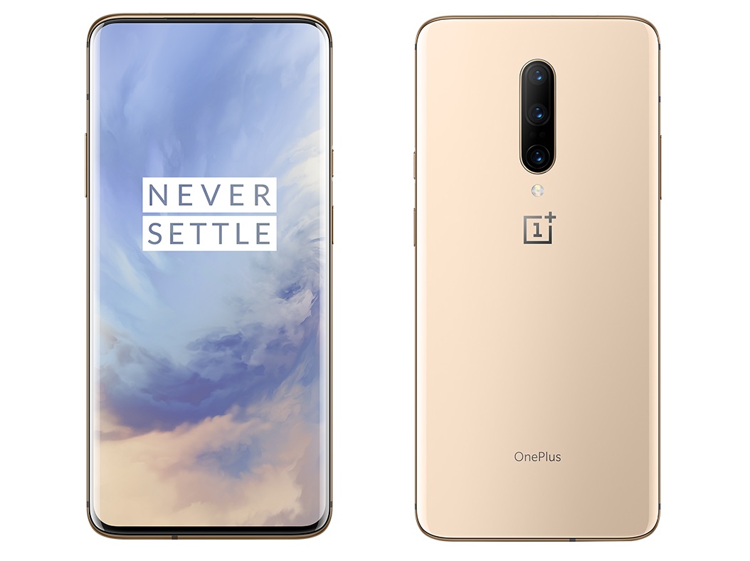 Two OnePlus 7 Pro Almond renders from the front and back. 