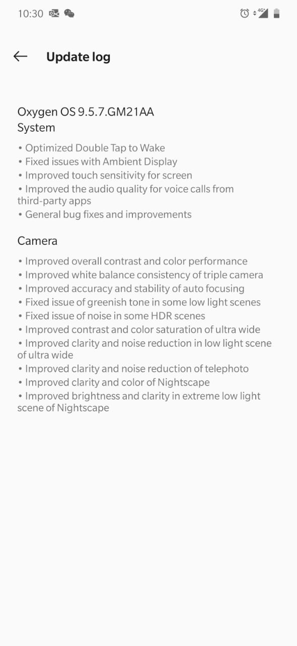 The changelog for the latest OnePlus 7 Pro update.