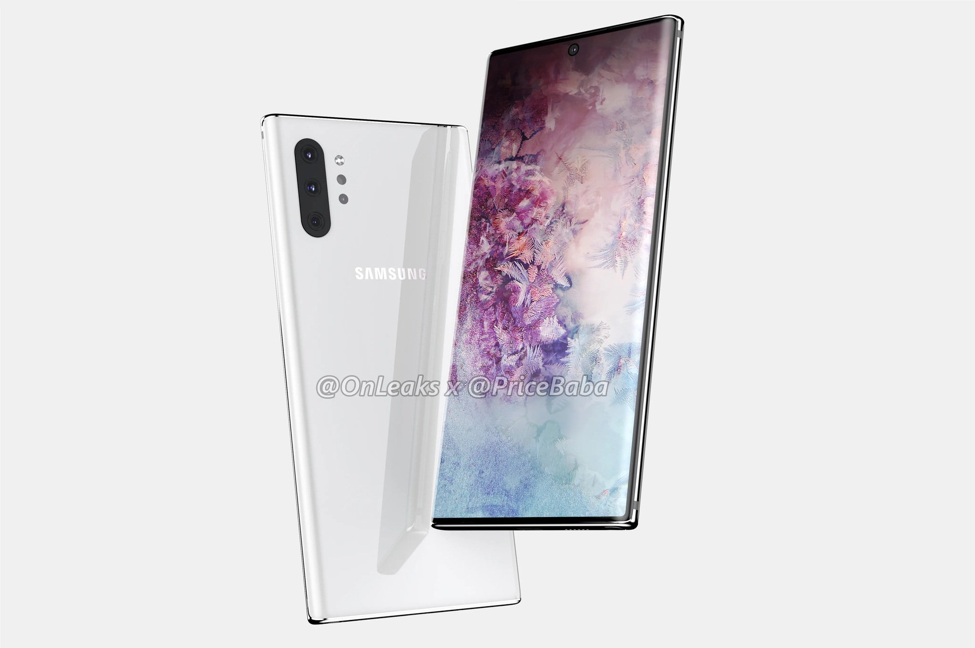A Samsung Galaxy Note 10 Pro render showing two devices from the front and back.