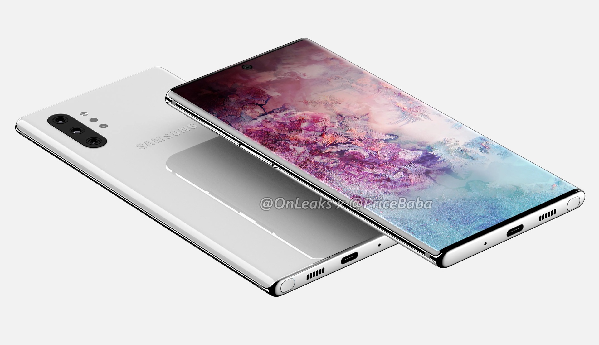 A Samsung Galaxy Note 10 Pro render showing two devices from the front and back.