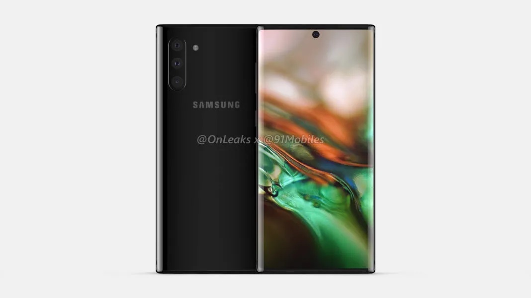 A Galaxy Note 10 render showing two devices facing forwards and backwards.