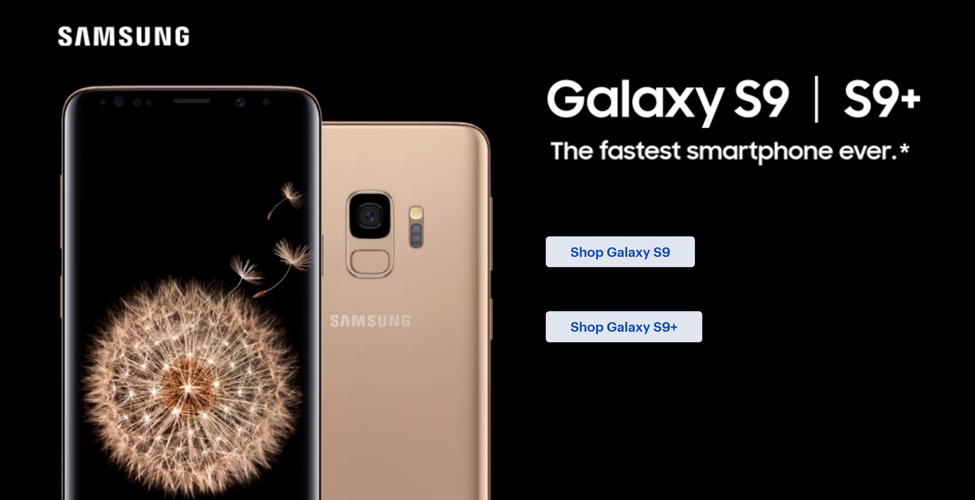 A Samsung Galaxy S9 banner for a Best Buy sale showing a render of the phone from the front and back. 