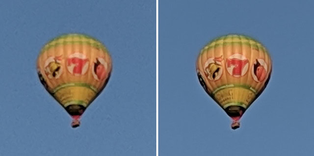 Super Res Zoom on the Pixel 3 (R) versus a standard digital crop.