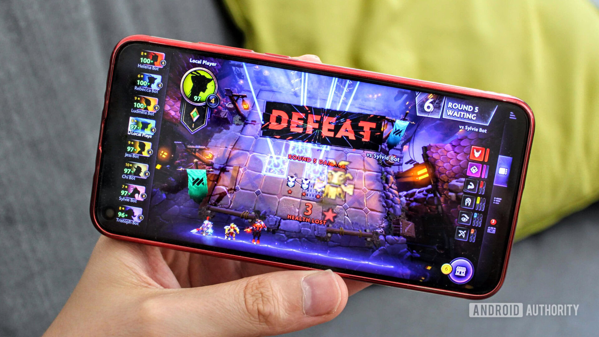 Dota Underlords for Android on the HONOR View 20 showing the defeat screen.