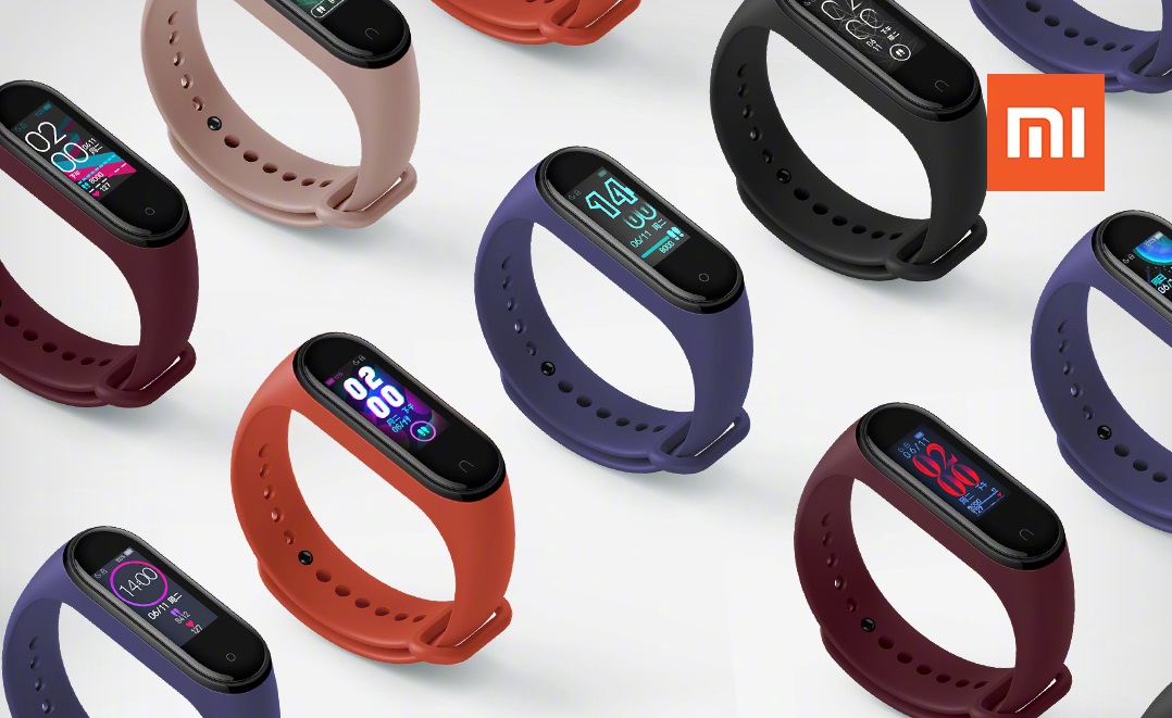 A Xiaomi Mi Band 4 poster showing off many different bands and colors.