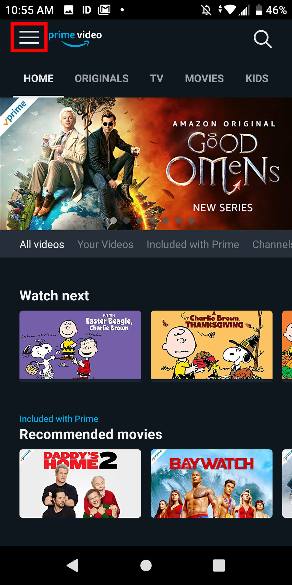 Amazon Prime Android Home Screen Menu