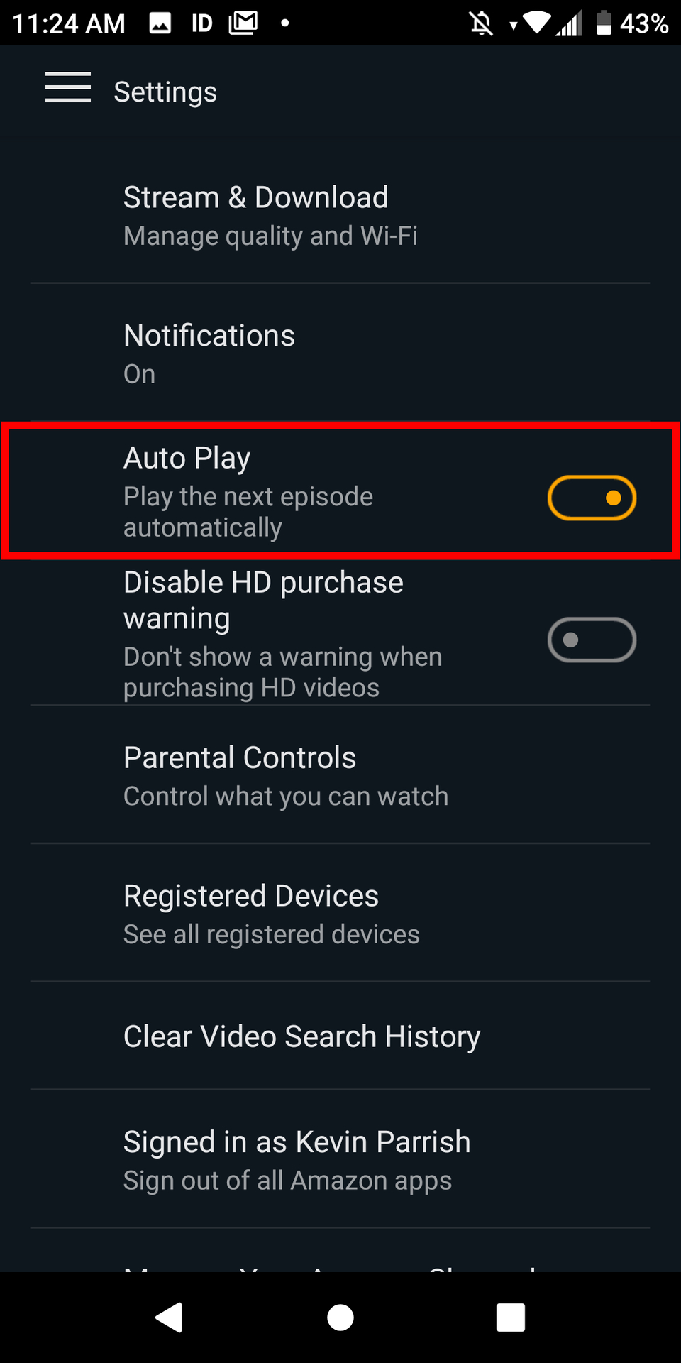 Amazon Prime Android Settings Auto Play