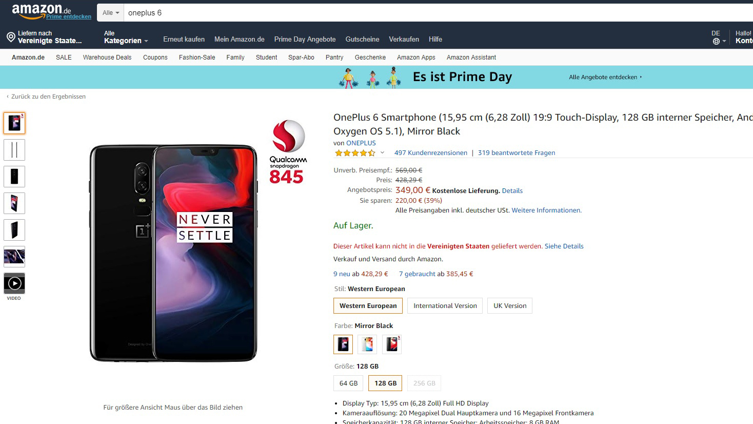 A deal on the OnePlus 6 offered for Amazon Prime Day 2019 in Germany.