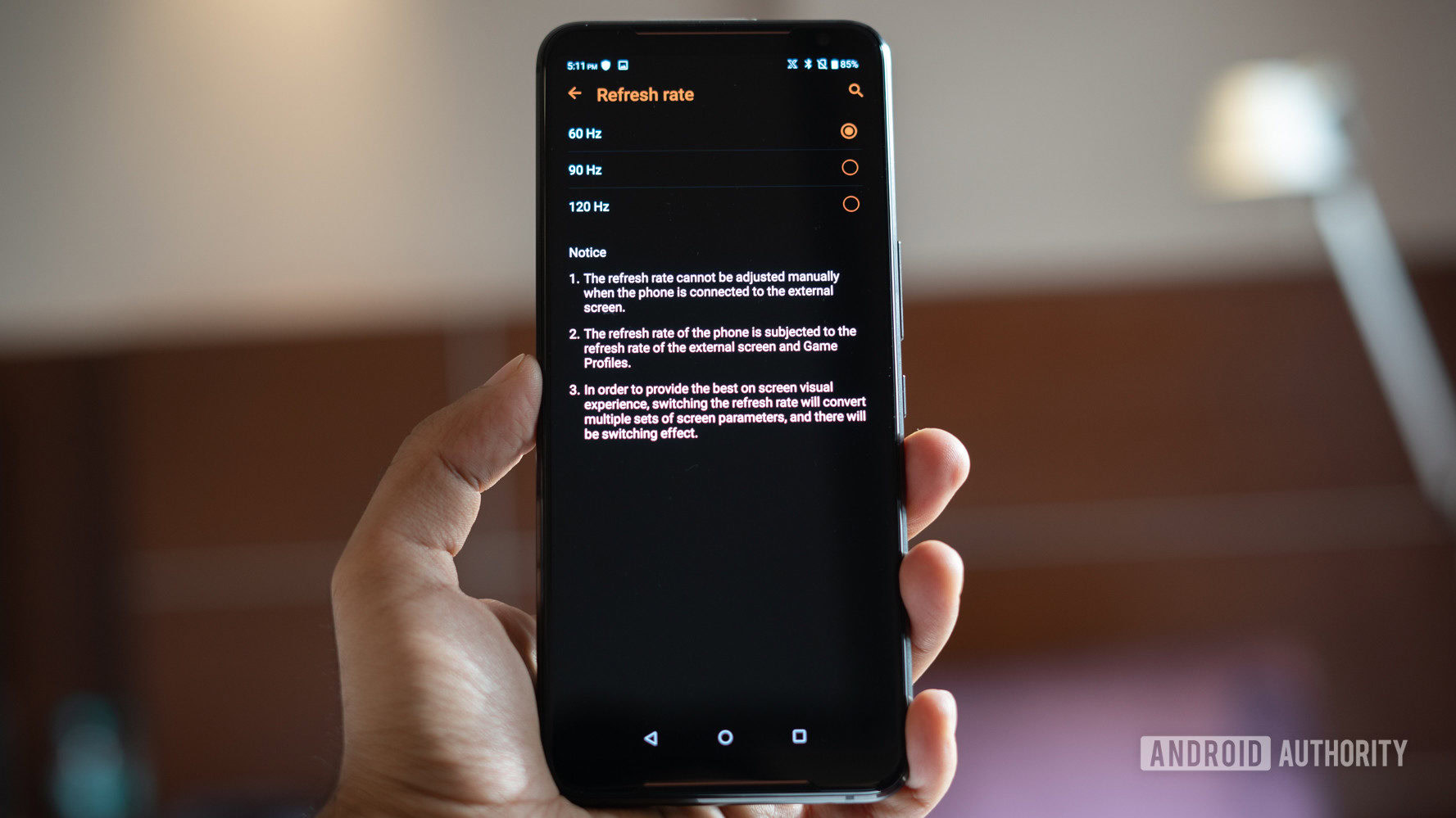 ASUS ROG Phone 2 screen refresh rate switch