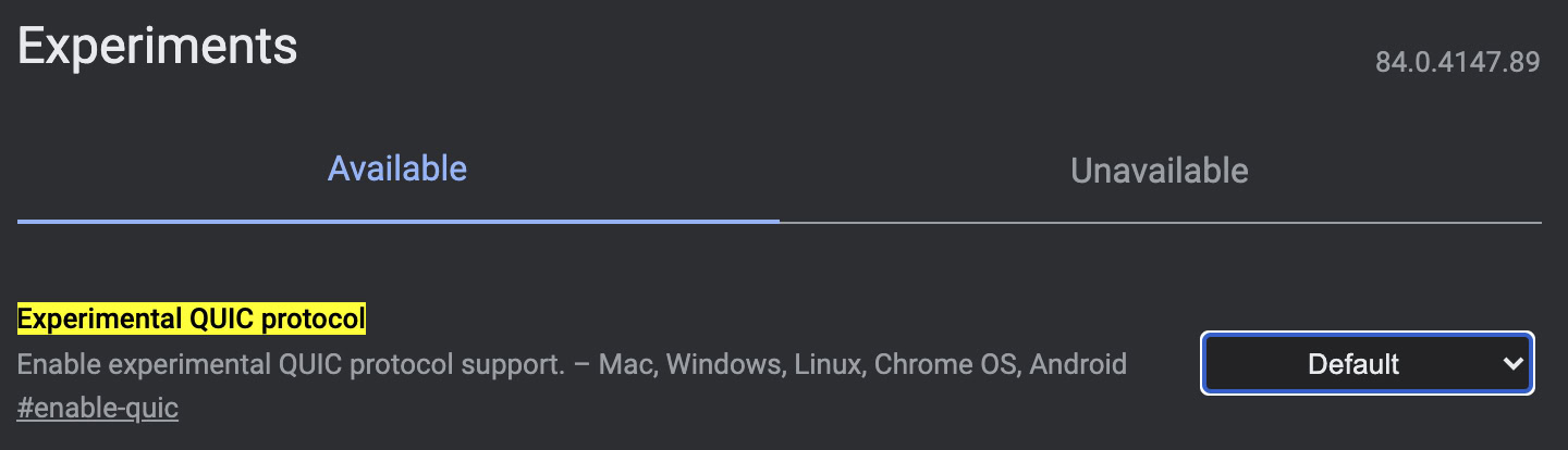 Experimental QUIC protocol Chrome flags