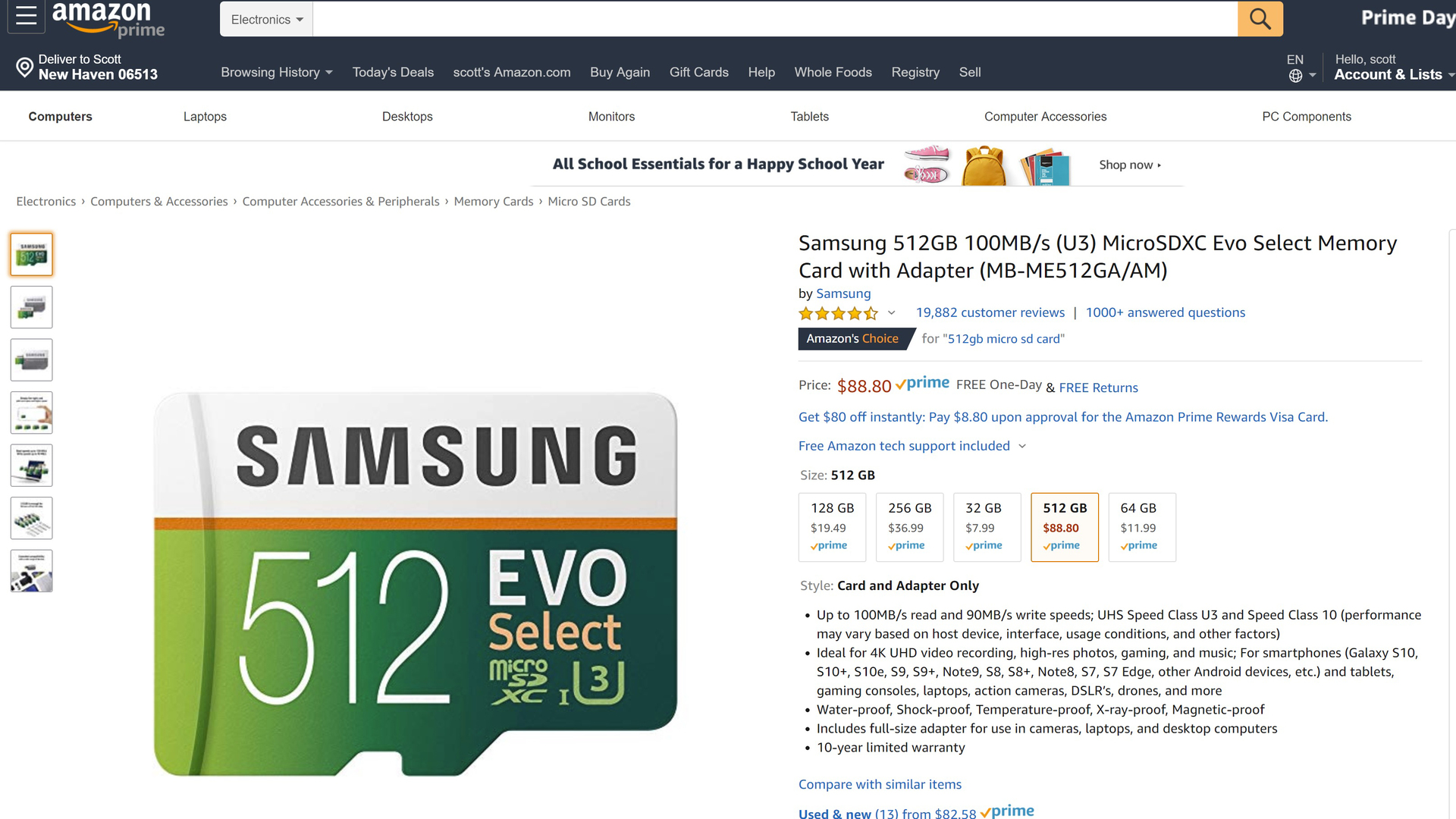 A screenshot of a Samsung 512GB microSD Card Deal.