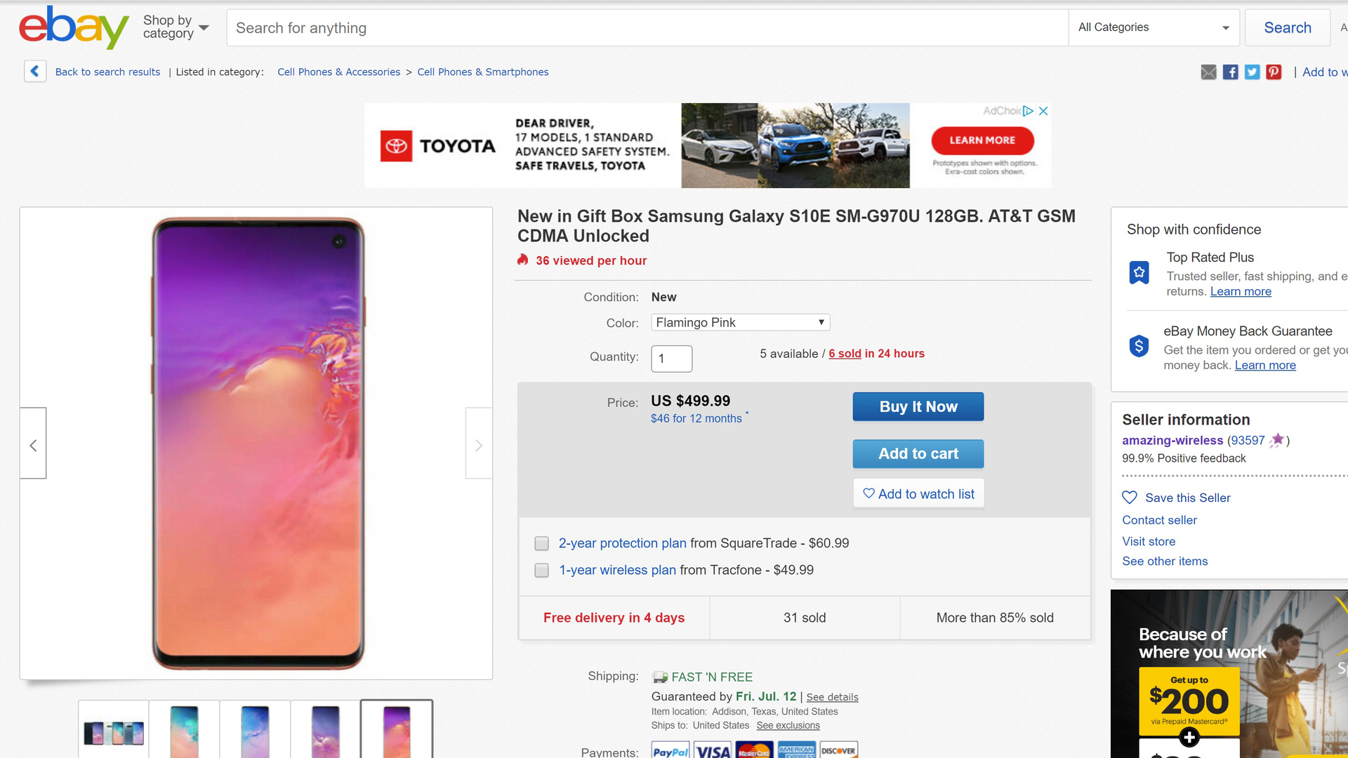 A screenshot of a Samsung Galaxy S10 deal on eBay.