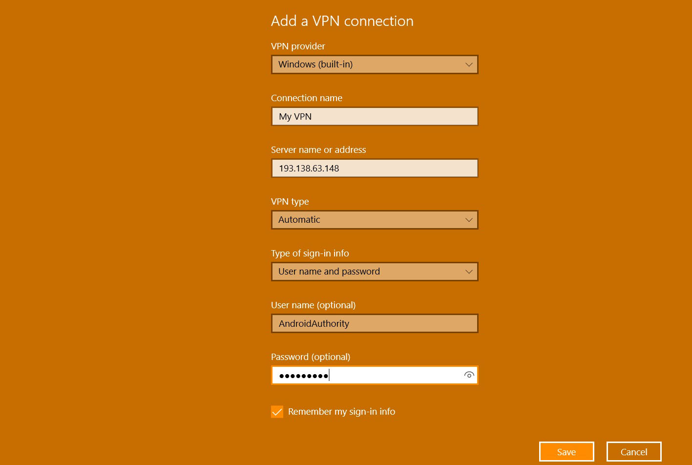 VPN settings on Windows 10