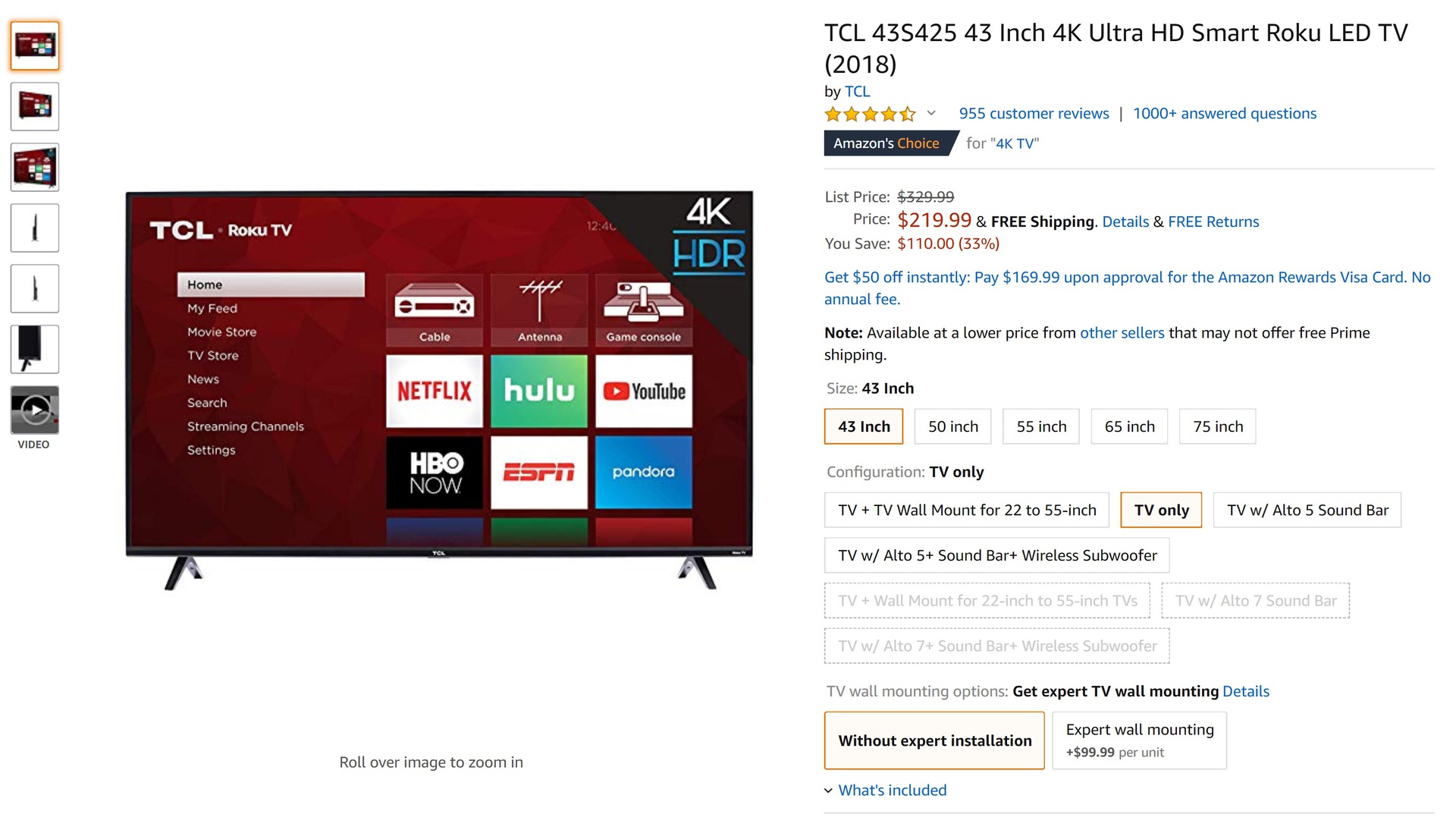 Amazon TCL Roku TV 4K store page. 